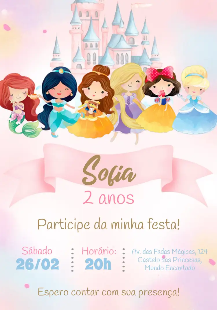 Convite Princesas Disney Rosa – tema Mais pesquisados rosa, aquarela, temática de princesas, colorido, divertido, ilustrações infantis
