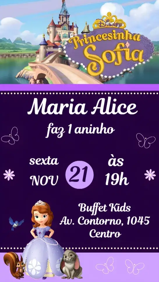 Convite Princesinha Sofia – tema Aniversário Infantil rosa, lilás, princesa, encantado, brilho, férias