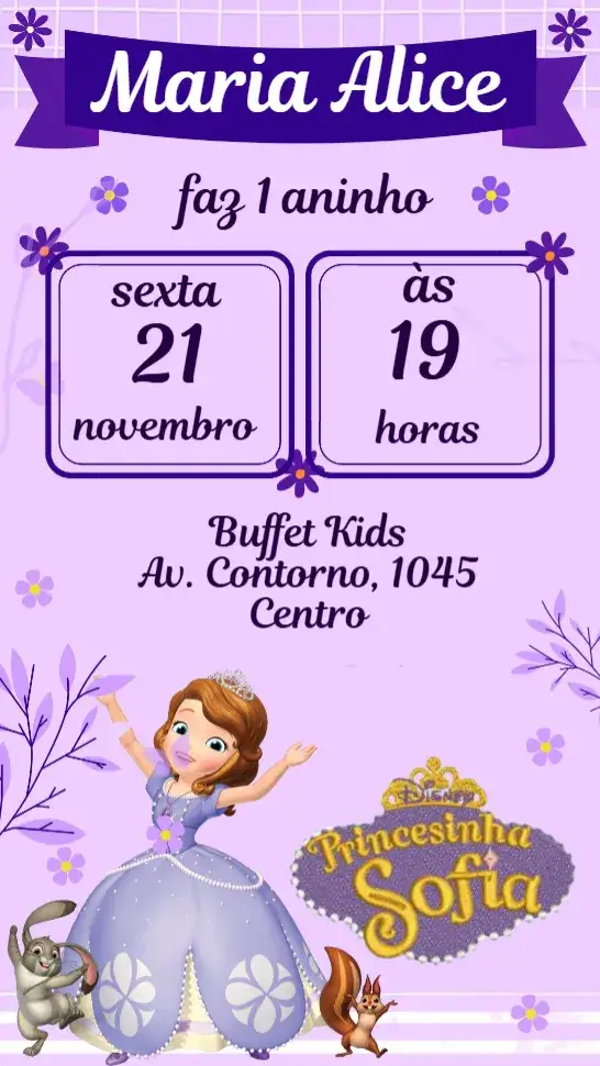 Convite Princesinha Sofia – tema Aniversário Infantil cores suaves, temática de princesa, detalhes encantadores, estilo lúdico, ilustrações infantis, elementos mágicos