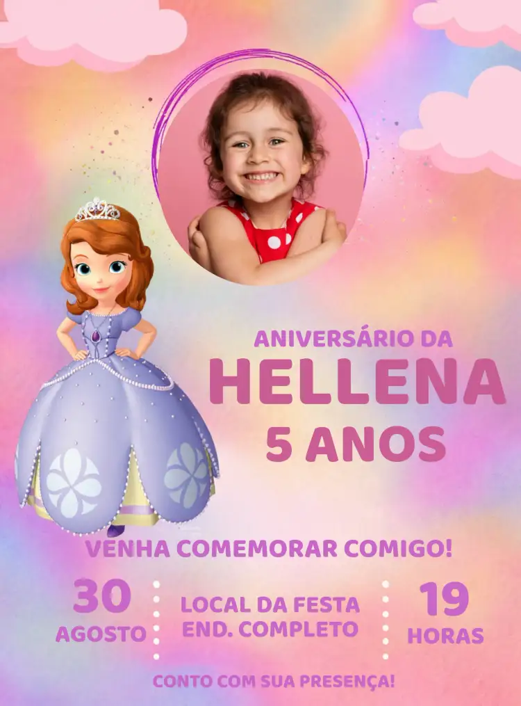 Convite Princesinha Sofia Com Foto Rosa – tema Mais pesquisados rosa, lilás, princesa, colorido, fantasia