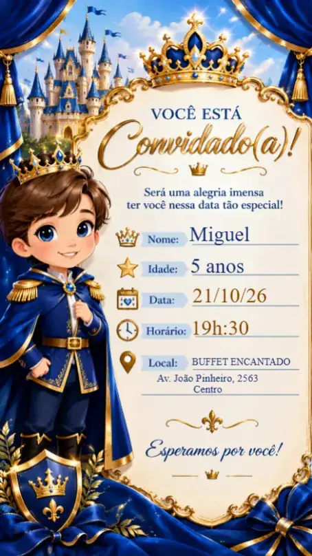 Convite Príncipe – tema Aniversário Infantil azul, dourado, temática de príncipe, fantasia, ilustrações infantis, design lúdico