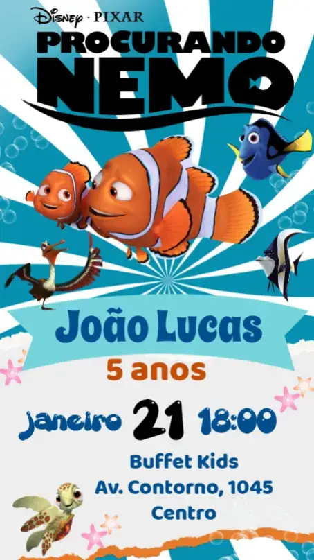 Convite Procurando Nemo – tema Aniversário Infantil marinho, colorido, divertido, ilustrações de peixes, estilo cartoon, fundo do mar