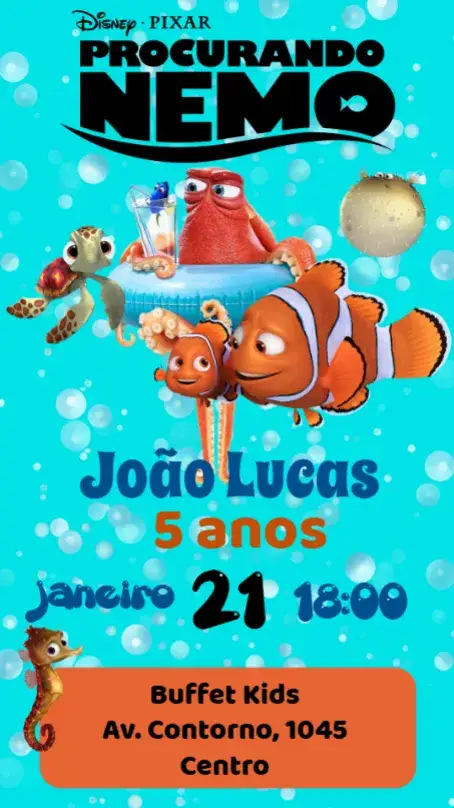 Convite Procurando Nemo – tema Aniversário Infantil marinho, colorido, divertido, infantil, animais aquáticos
