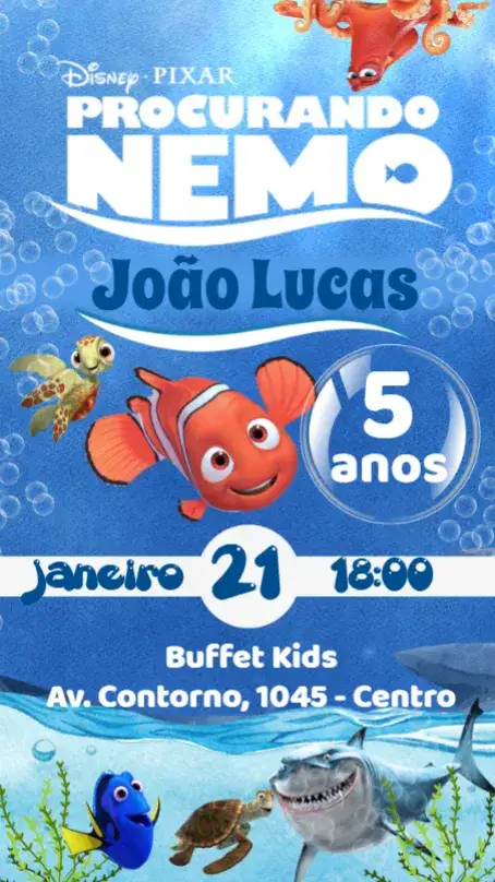 Convite Procurando Nemo – tema Aniversário Infantil colorido, marinho, divertido, lúdico, tropical