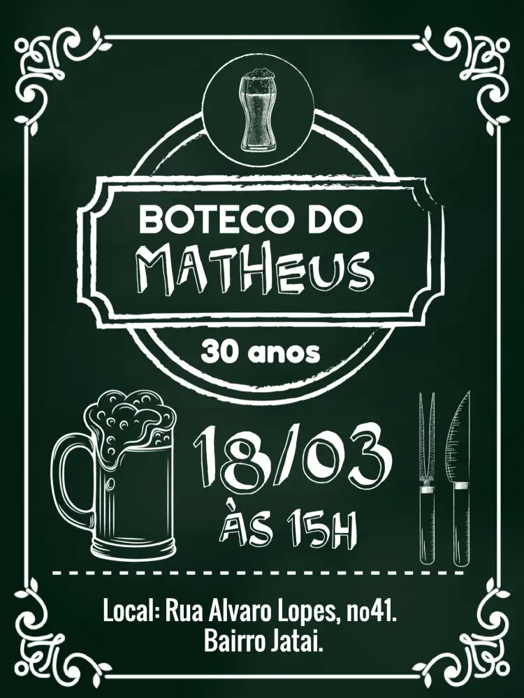 Convite Quadro Negro Boteco Cerveja – tema Aniversário chalkboard, boteco, moderno, descontraído, verde e preto, festivo