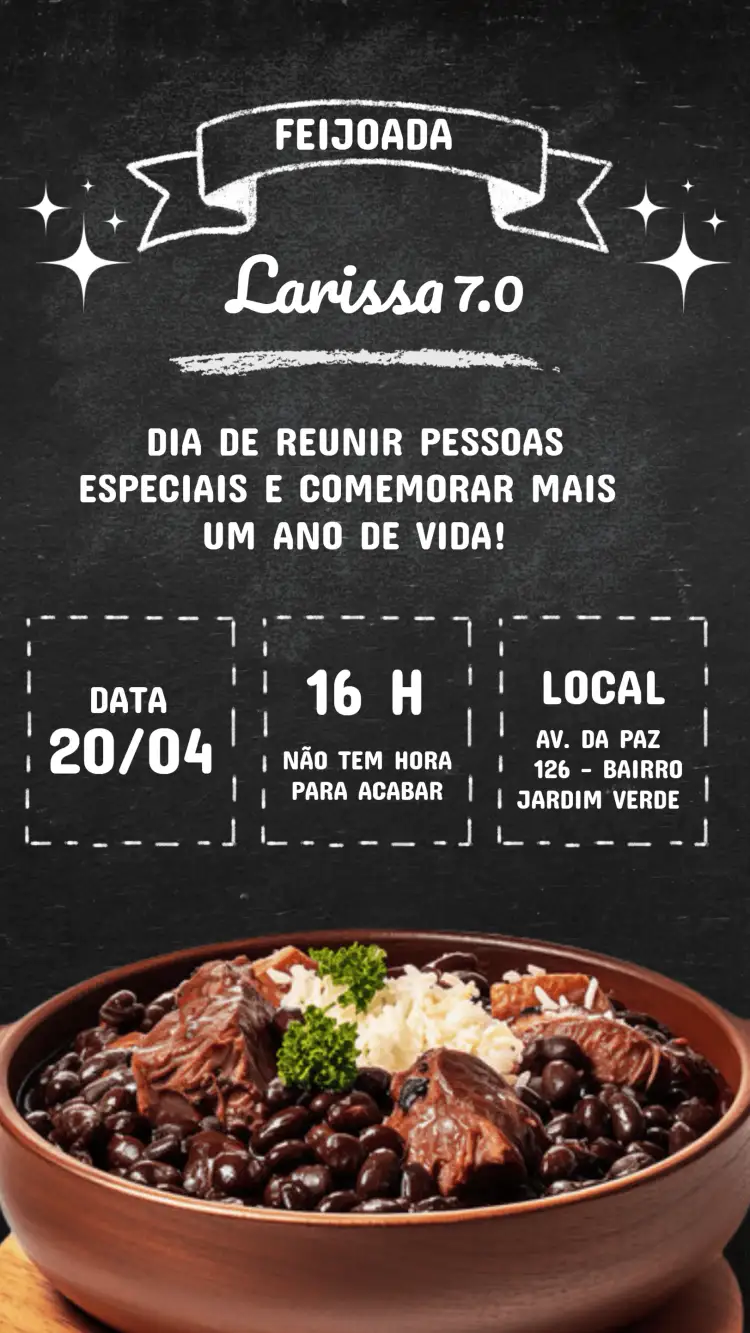 Convite Quadro Negro Feijoada Adulto – tema Aniversário rústico, divertido, minimalista, chalkboard, interativo, colorido