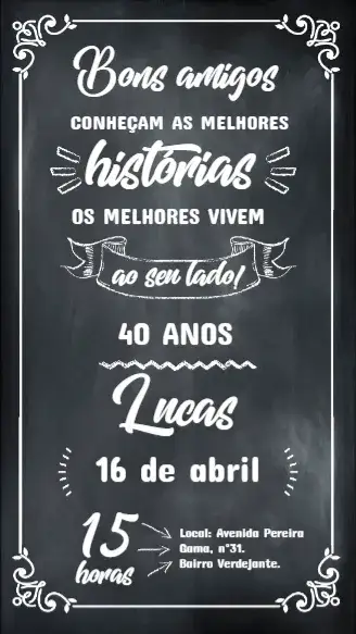 Convite Quadro Negro Giz Amigos – tema Aniversário quadro negro, moderno, minimalista, preto e branco, divertido, escolar