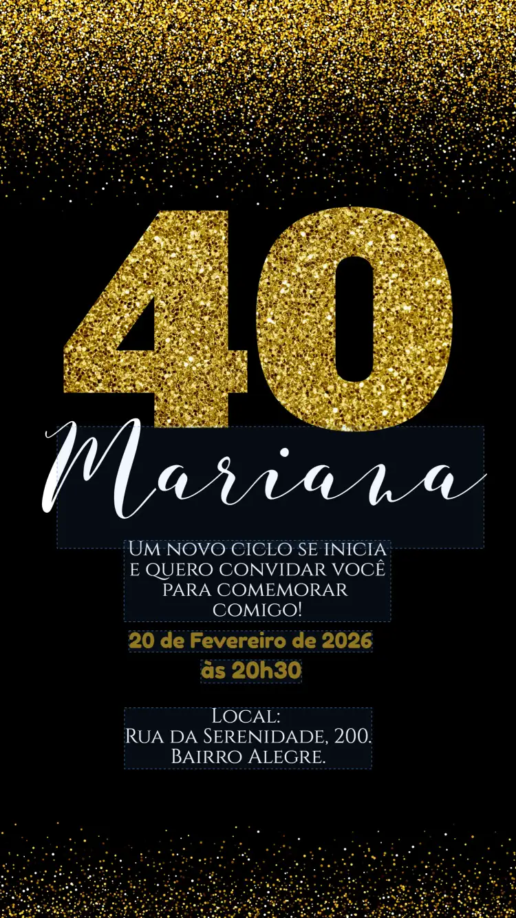 Convite Quarentei dourado – tema Aniversário dourado, brilho, elegante, moderno, sofisticado