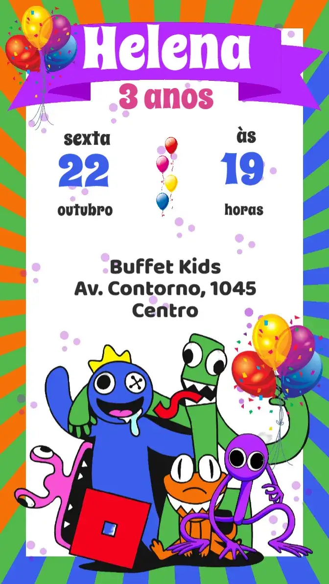 Convite Rainbow Friends – tema Aniversário arco-íris, colorido, divertido, infantil, amigos, ilustrações lúdicas