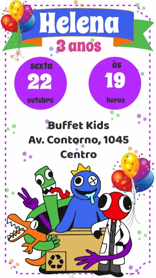 Convite Rainbow Friends – tema Aniversário colorido, divertido, infantil, moderno, lúdico