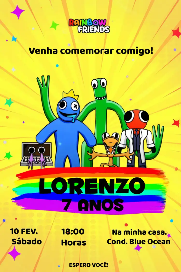 Convite Rainbow Friends Azul Babão Amarelo – tema Mais pesquisados colorido, infantil, divertido, vibrante, moderno