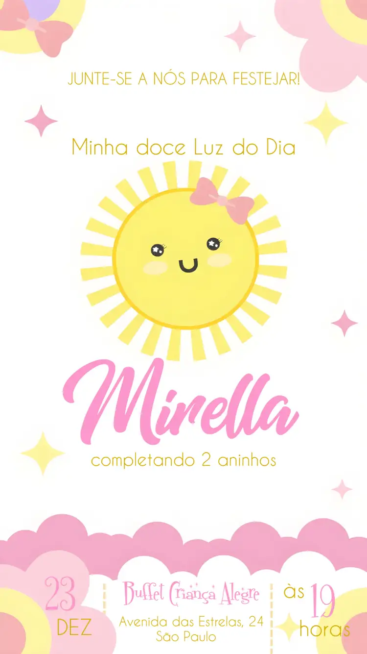 Convite Raio De Sol Menina – tema Primeira Comunhão colorido, alegre, luz do sol, infantil, delicado, moderno