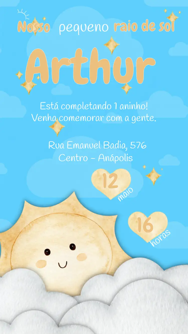 Convite Raio De Sol Sunshine – tema Primeira Comunhão azul, luz do sol, infantil, alegre, moderno, simplicidade