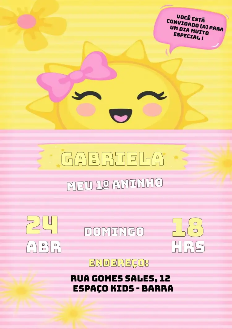 Convite Raio De Sol Volra – tema Primeira Comunhão rosa, delicado, luz do sol, natureza, infantil, alegre