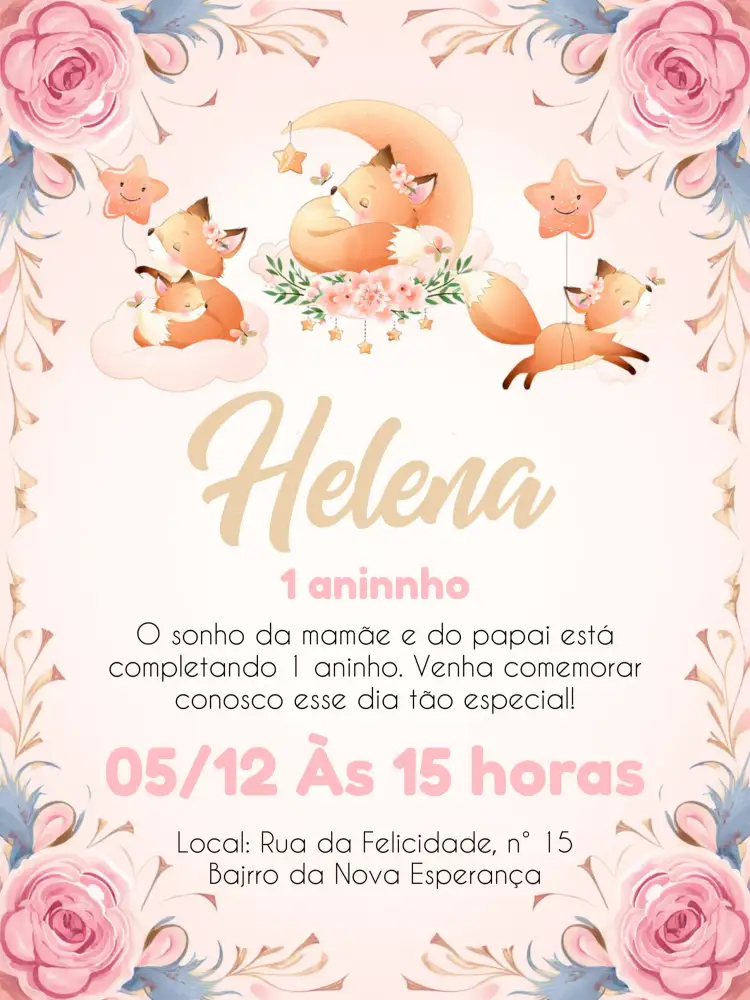 Convite Raposa Floral Rosa – tema Datas Comemorativas floral, aquarela, infantil, delicado, colorido, moderno