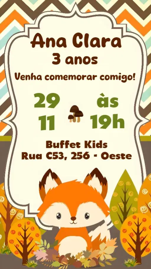 Convite Raposinha – tema Aniversário Infantil Raposinha, Floresta, Outono