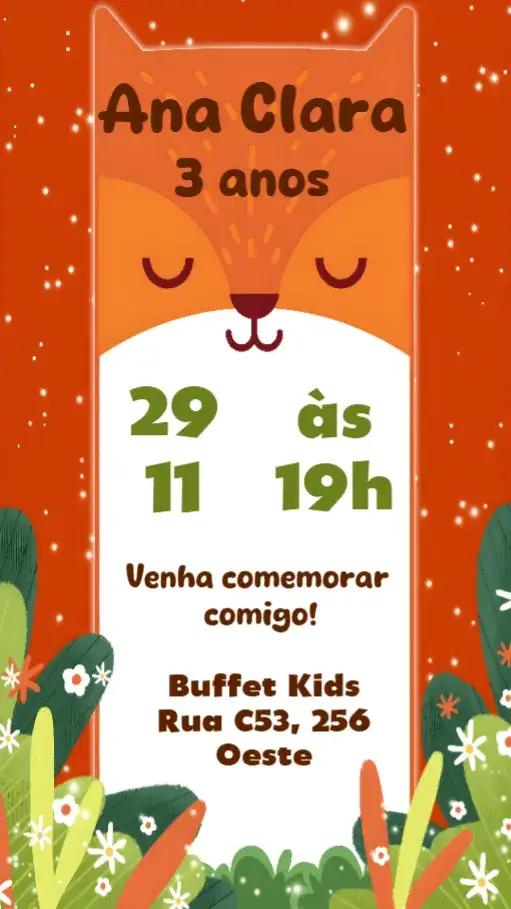 Convite Raposinha – tema Aniversário Infantil cores vibrantes, lúdico, natureza, animal, divertido, ilustrações infantis