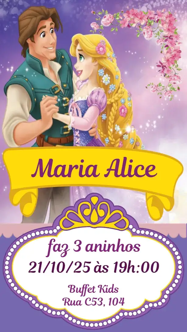 Convite Rapunzel – tema Aniversário Infantil colorido, mágico, infantil, floral, fantasia, lúdico