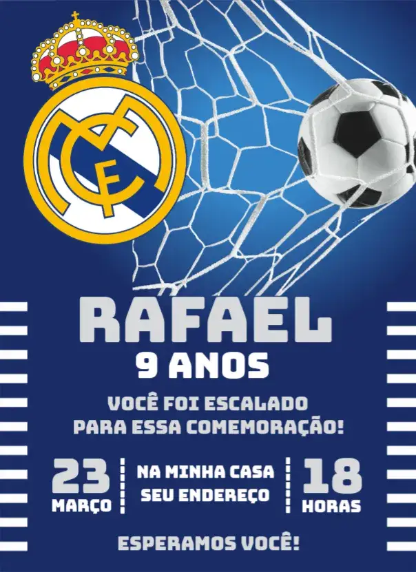 Convite Real Madri 3 – tema Aniversário futebol, moderno, dinâmico, vibrante, esportivo