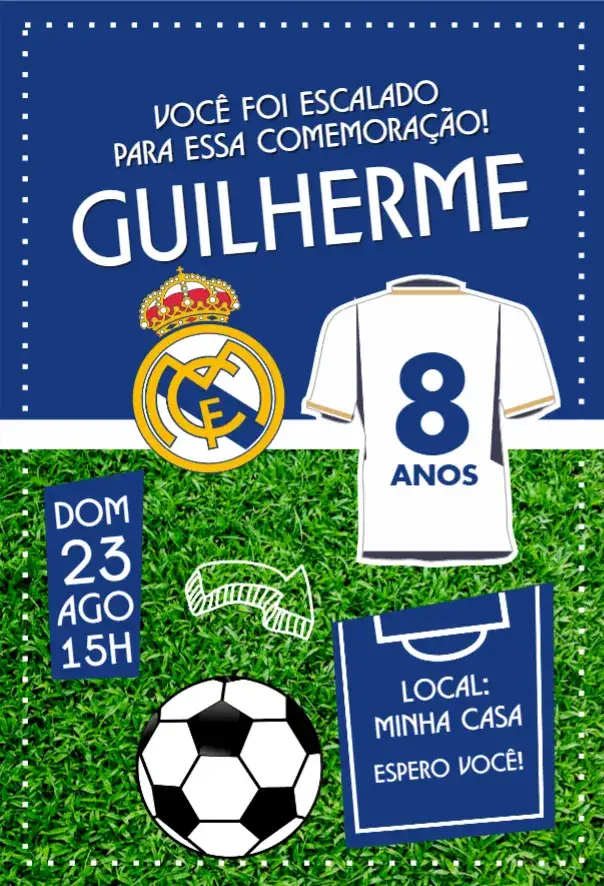 Convite Real Madri camisa – tema Aniversário moderno, futebol, vibrante, esportivo, dinâmico