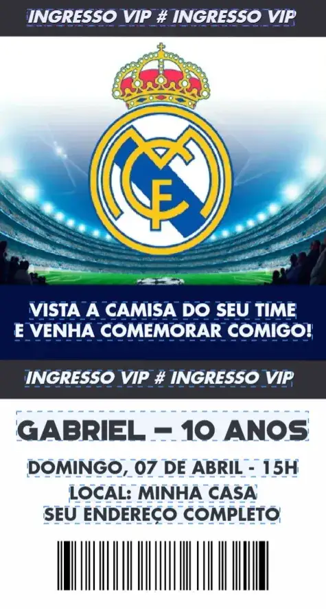 Convite Real Madri ingresso – tema Aniversário futebol, moderno, esportivo, vibrante, temático