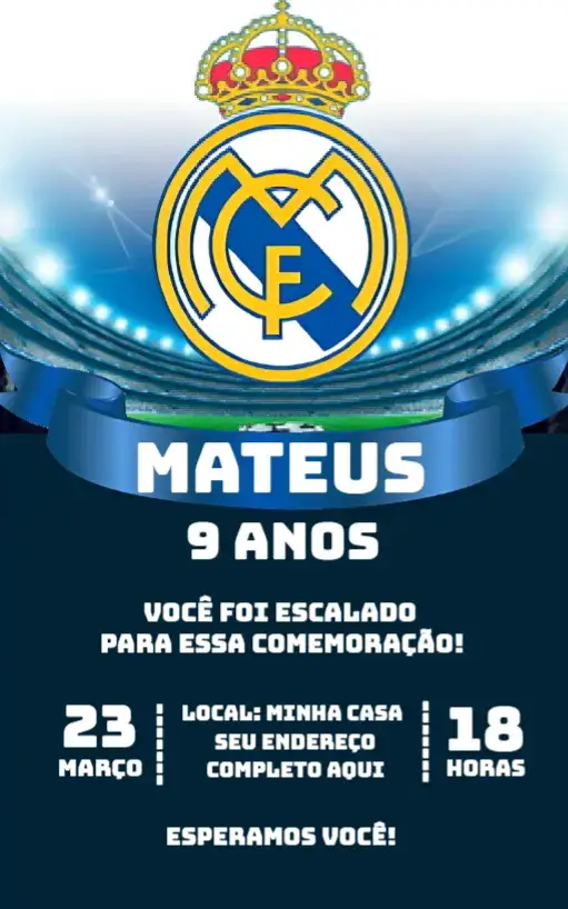 Convite Real Madrid 1 – tema Aniversário esportivo, moderno, vibrante, colorido, futebol, temática
