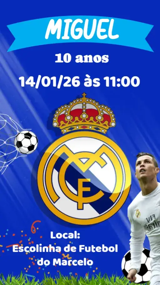 Convite Real Madrid – tema Aniversário moderno, futebol, vibrante, esportivo, dinâmico