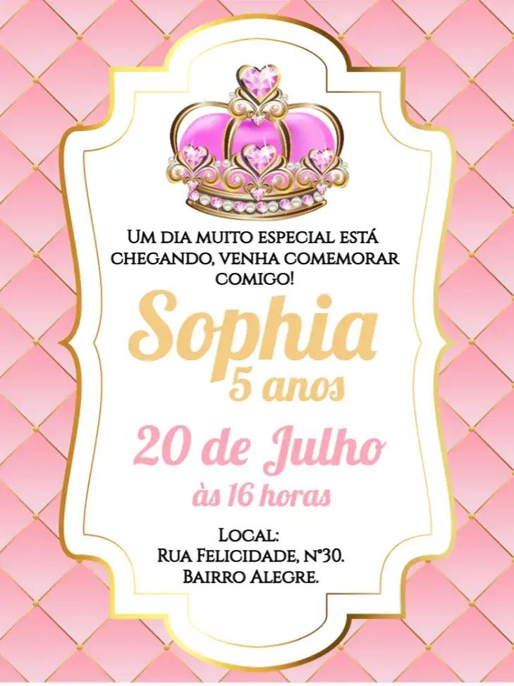 Convite Convite digital realeza menina princesa – tema Mais pesquisados rosa, dourado, floral, realeza, princesa, mágico