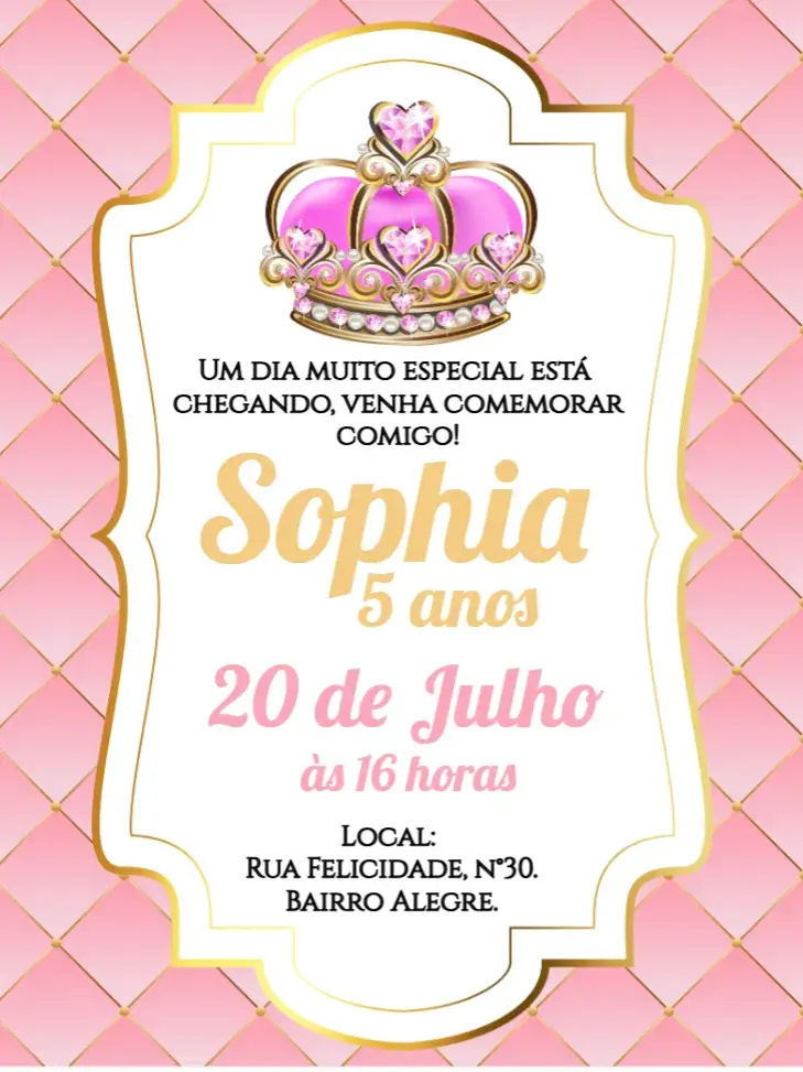 Convite digital realeza menina princesa