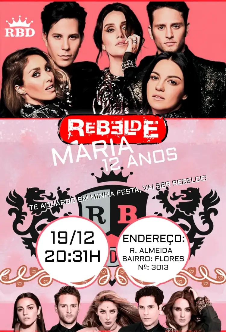 Convite Rebelde Rbd Anahi – tema Aniversário vermelho, preto, branco, vintage, temático, jovem