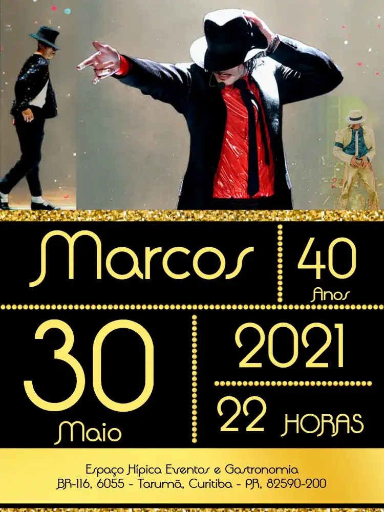 Convite Rei Do Pop Michael Jackson – tema Aniversário Infantil preto, dourado, moderno, temático, musical, divertido