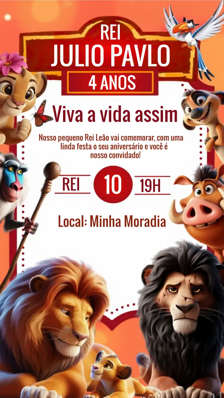 Convite Rei Leão – tema Aniversário Infantil selvagem, colorido, divertido, animado, tropical, ilustração