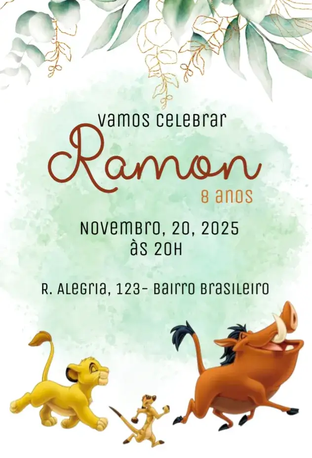 Convite Rei Leão – tema Aniversário Infantil colorido, animais, savana, Disney, vibrante, cartoon