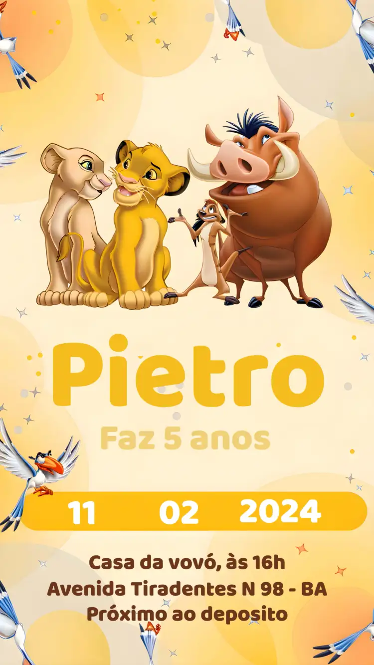 Convite Rei Leão Amarelo – tema Aniversário Infantil amarelo, marrom, selvagem, divertido, lúdico, temática