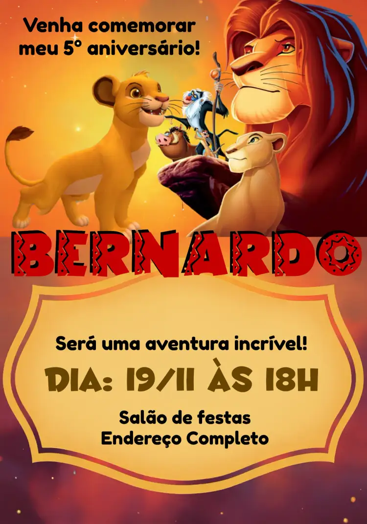 Convite Rei Leão Amarelo – tema Aniversário Infantil amarelo, vermelho, lúdico, divertido, savana, temático