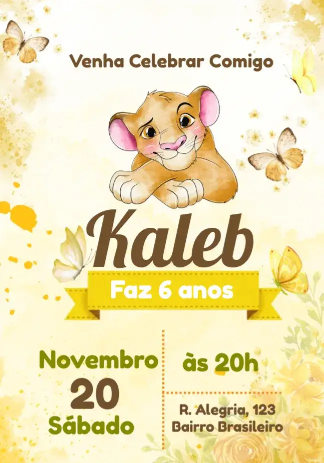 Convite Rei Leão Aquarela Amarelo – tema Aniversário Infantil aquarela, colorido, animais, infantil, divertido, tropical
