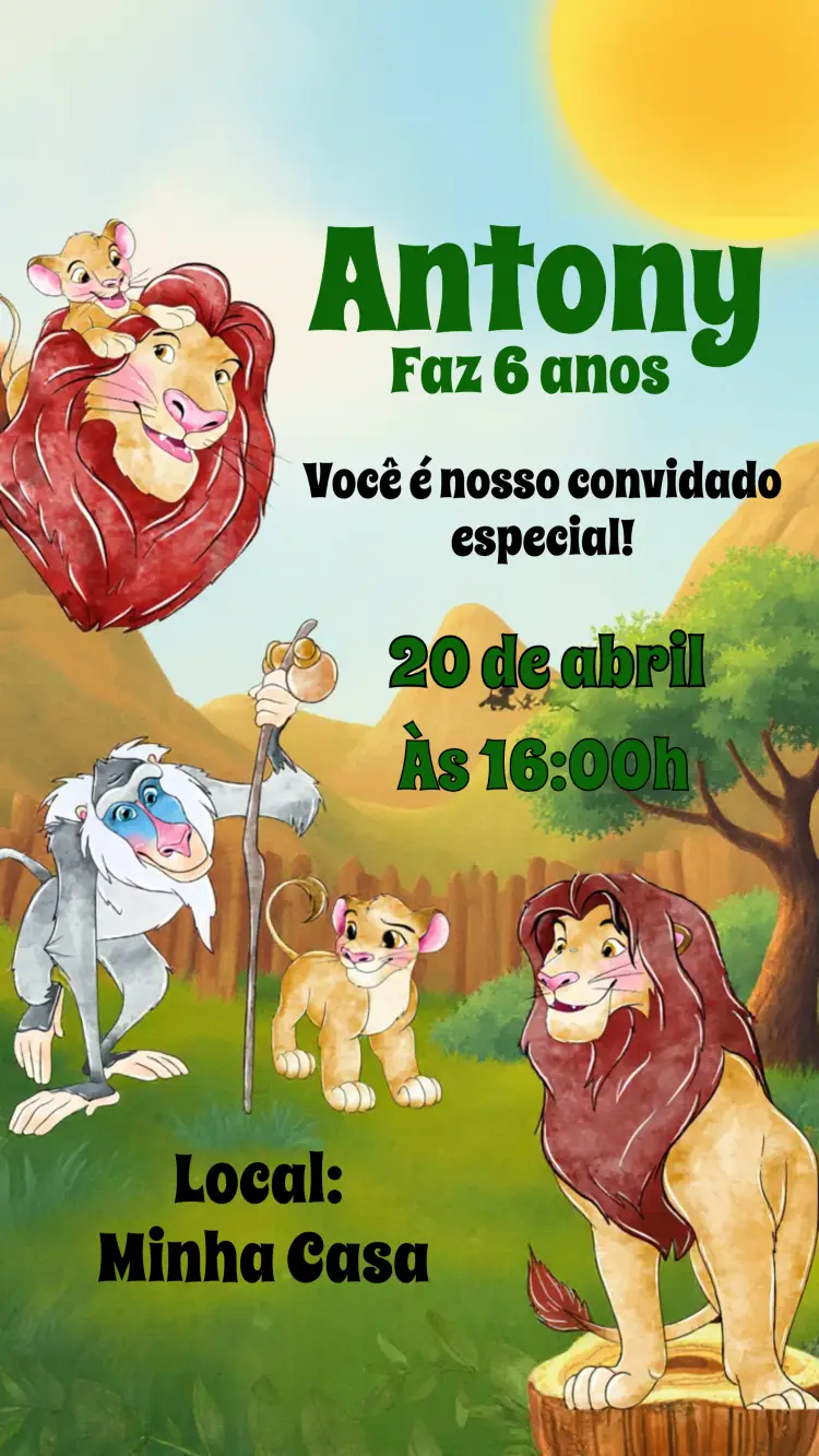 Convite Rei Leão Aquarela Disney