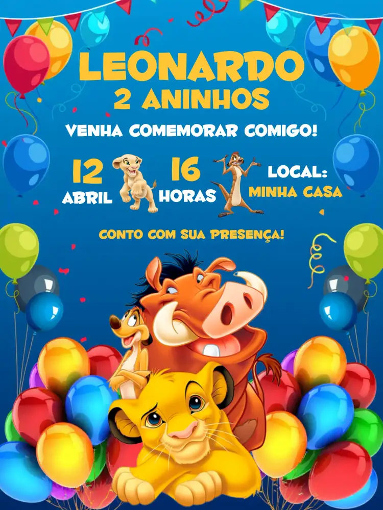 Convite Rei Leão Azul – tema Aniversário Infantil azul, amarelo, branco, animais, aventura, temática