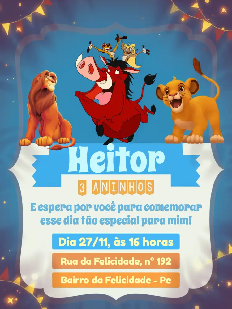 Convite Rei Leão Branco – tema Aniversário Infantil temática do Rei Leão, cores vibrantes, design listrado, estilo divertido, elementos gráficos de savana, inspirado em desenhos animados
