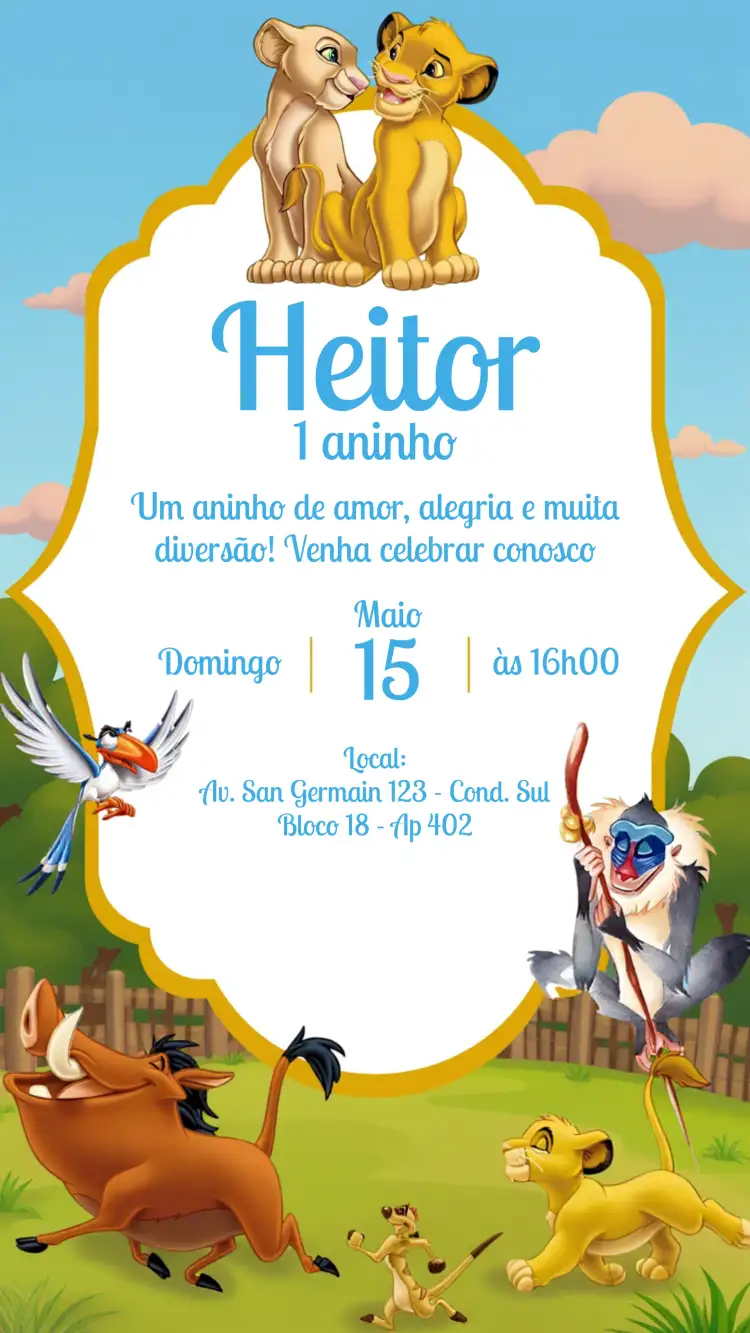 Convite Rei Leão Colorido – tema Aniversário Infantil colorido, temático, divertido, animais, savana, infantil