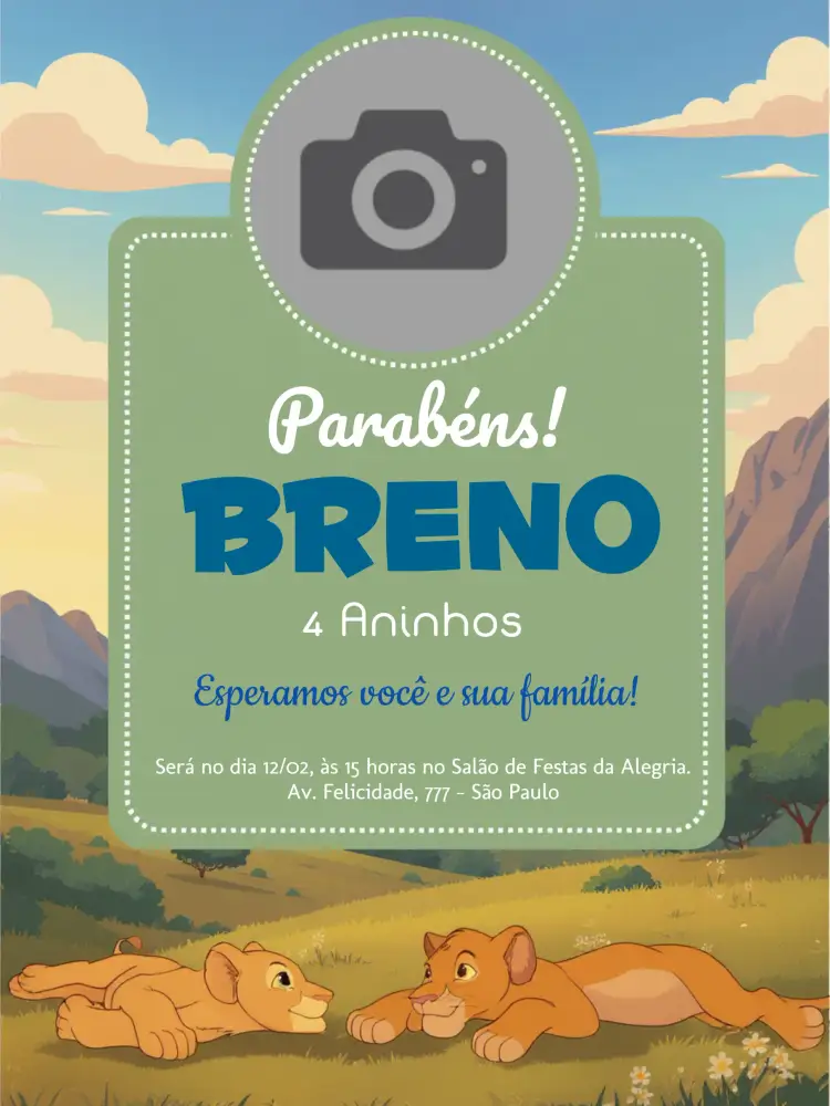 Convite Rei Leão Com Foto Azul – tema Aniversário Infantil azul, verde, animais, divertido, temática Disney, jovial