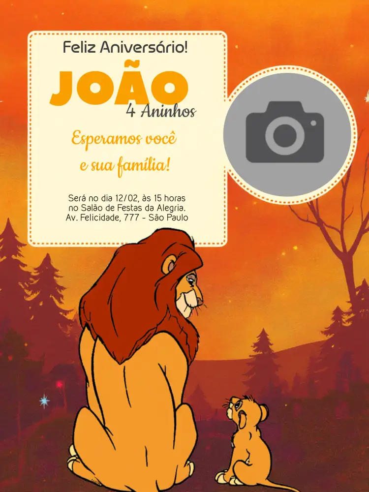 Convite Rei Leão Com Foto Mufasa – tema Aniversário Infantil colorido, temático, ilustrações divertidas, laranja vibrante, estilo infantil, elementos gráficos do Rei Leão