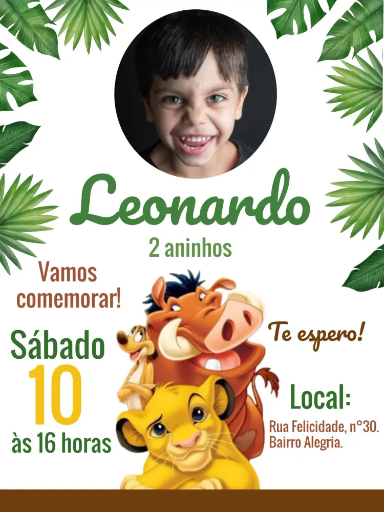 Convite Rei Leão Com Foto Timao