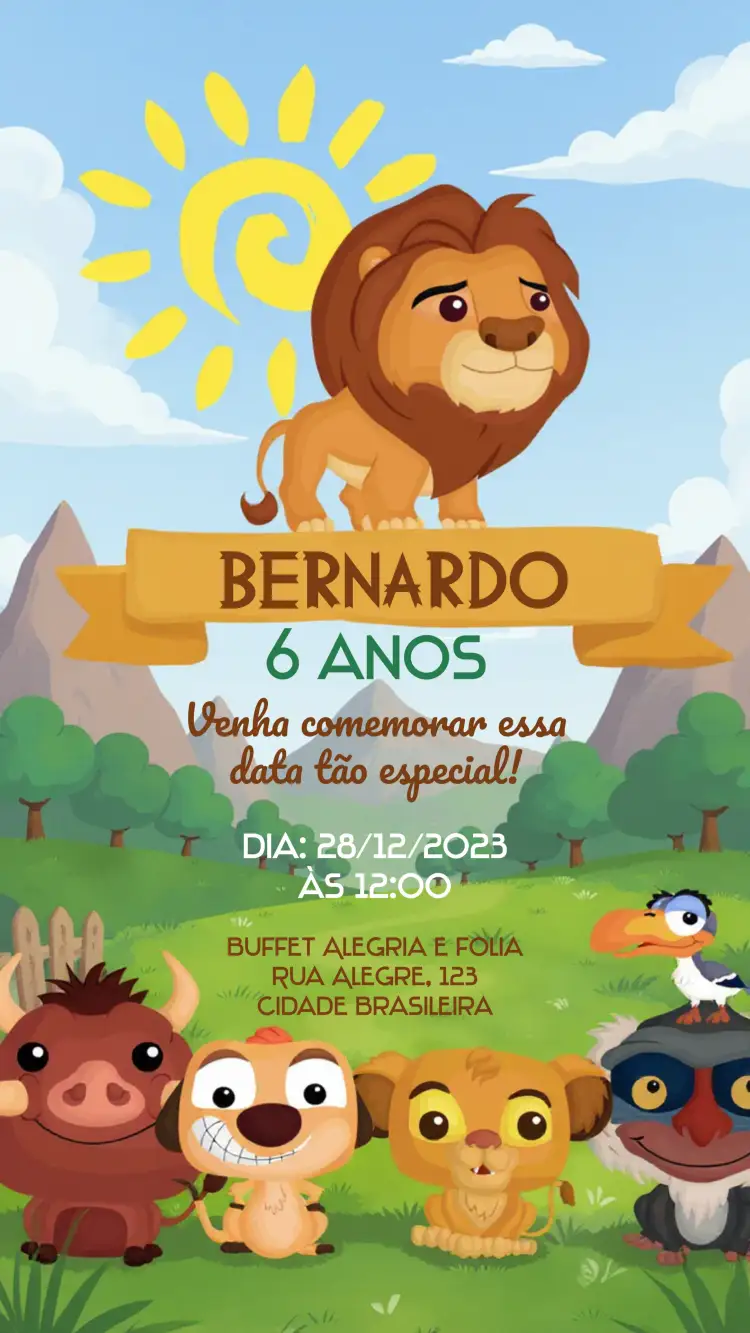 Convite Rei Leão Cute – tema Aniversário Infantil colorido, lúdico, animal, tropical, divertido