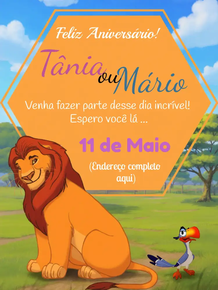 Convite Rei Leão Desenho – tema Aniversário Infantil vibrante, colorido, temática de safári, ilustrações divertidas, estilo cartoon, elementos da natureza