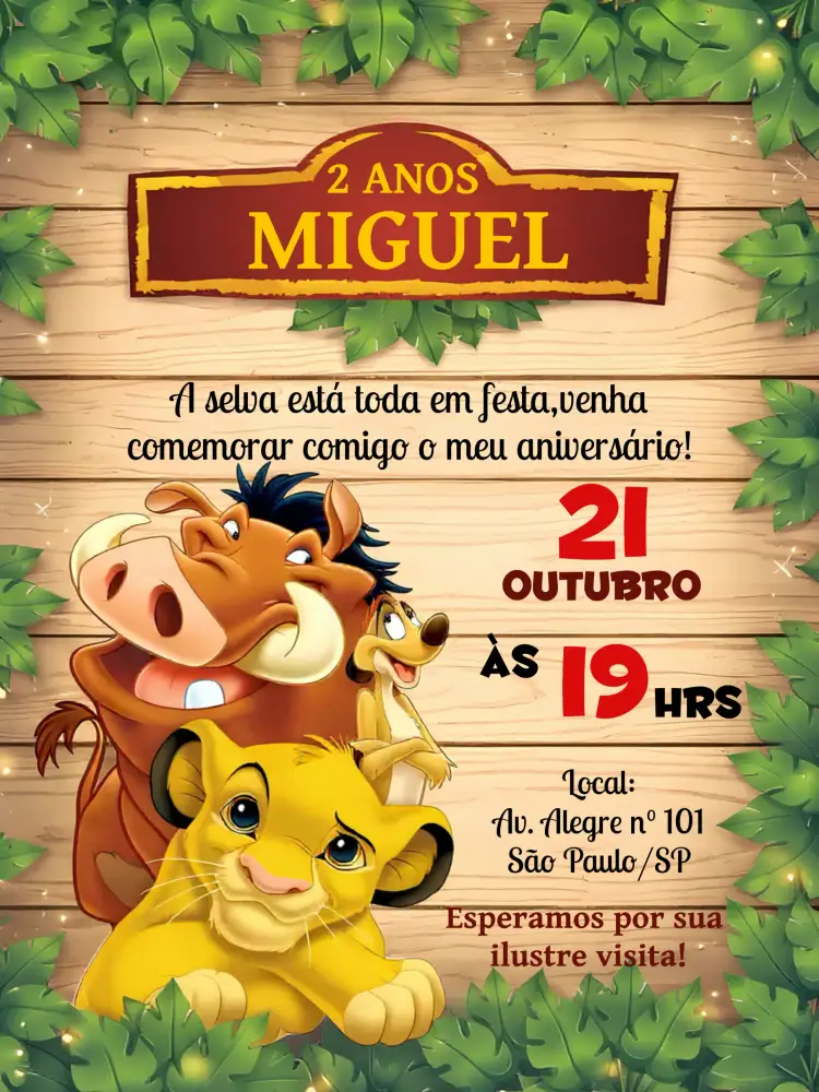 Convite Rei Leão Disney – tema Aniversário Infantil colorido, divertido, savana africana, temática Disney, ilustrações animadas, estilo cartoon