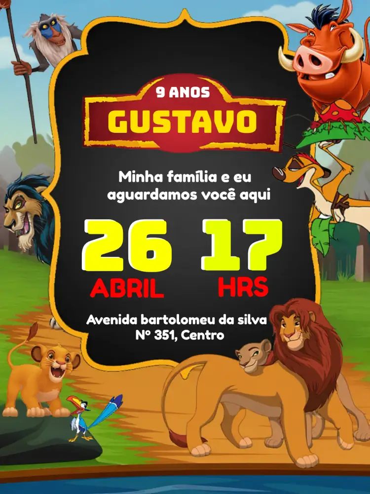 Convite Rei Leão Festa – tema Aniversário Infantil colorido, divertido, temática de animais, vibrante, lúdico