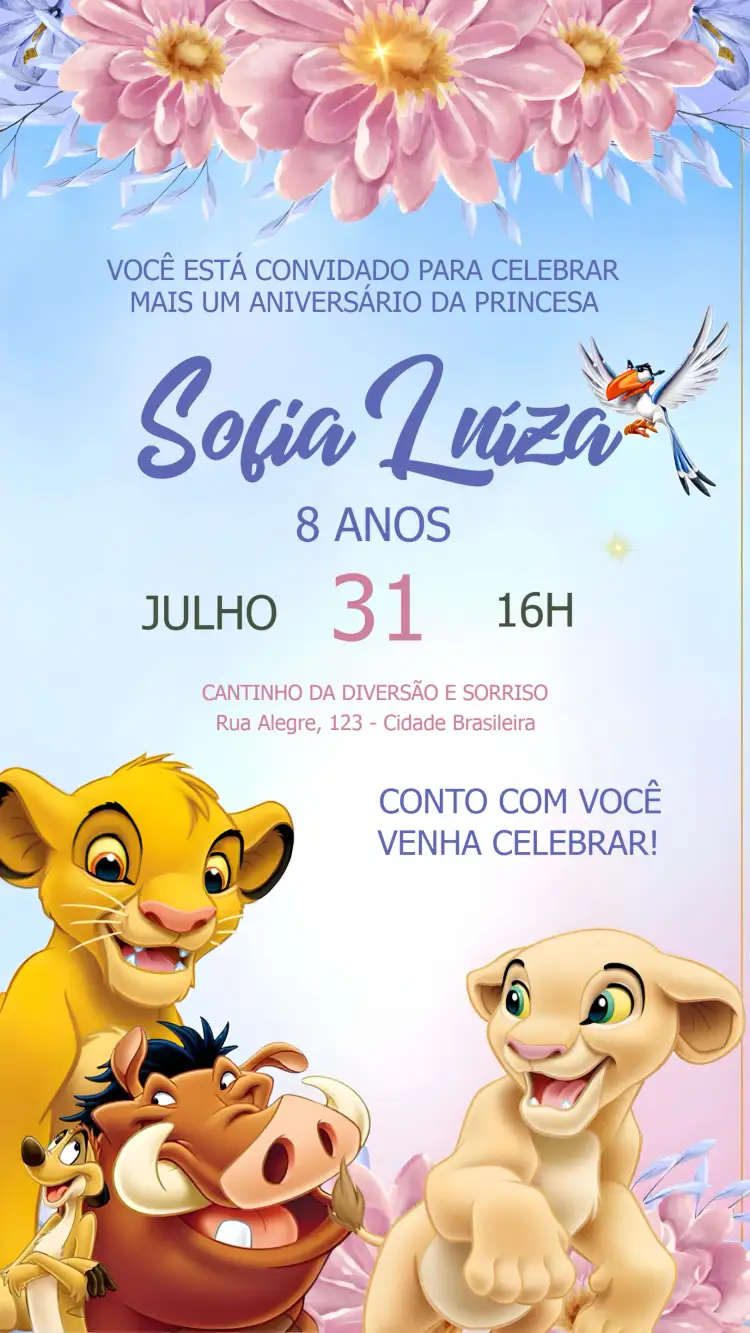 Convite Rei Leão Rosa – tema Aniversário Infantil floral, rosa, divertido, colorido, lúdico