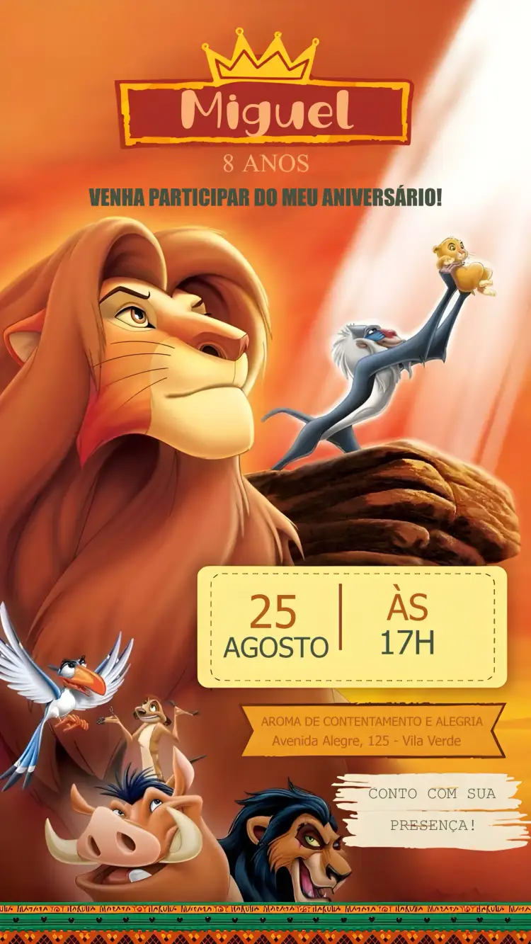 Convite Rei Leão Mufasa – tema Aniversário Infantil selvagem, tropical, colorido, divertido, aquarela, animais