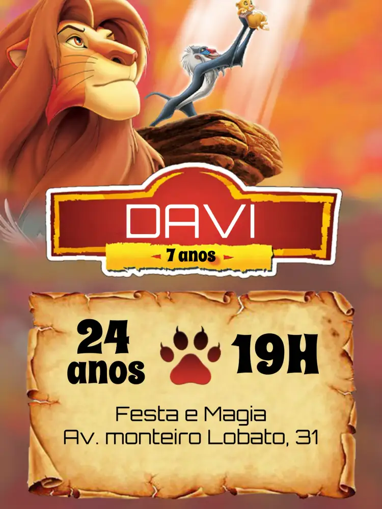 Convite Rei Leão Laranja – tema Aniversário Infantil laranja vibrante, divertido, animais, tropical, colorido, temático